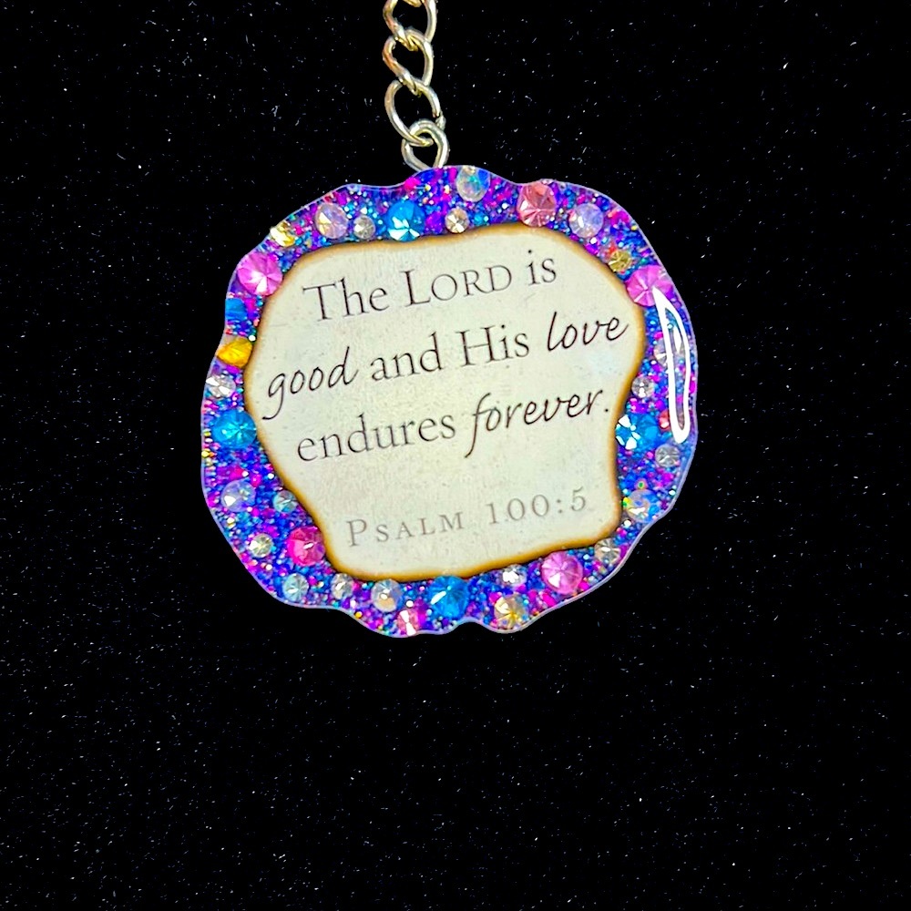 Resin keychain: Purple chunky glitter, different colored diamonds w/Bible verse.